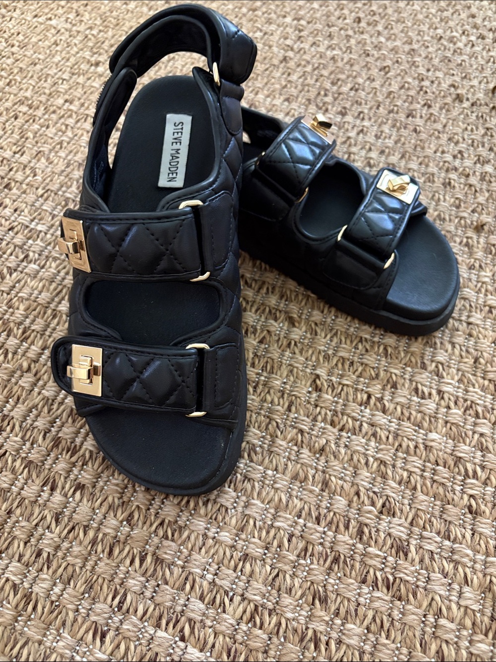 Steve Madden Women’s Black Quilted Strap Sandals with Gold Buckles